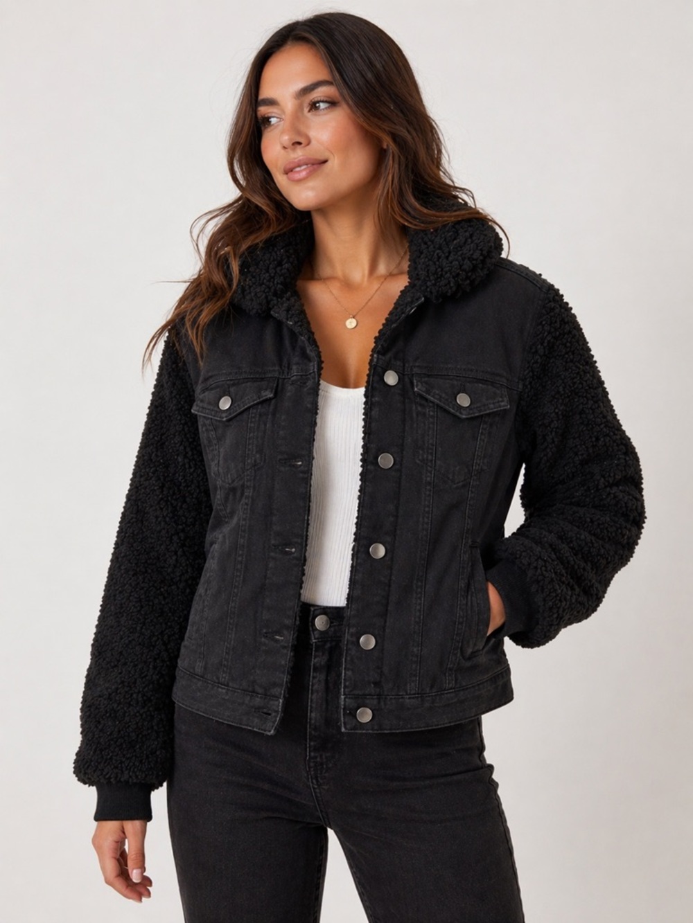 BHJ S. Califorina Black Sherpa Sleeve Denim Jacket Size M NWT
